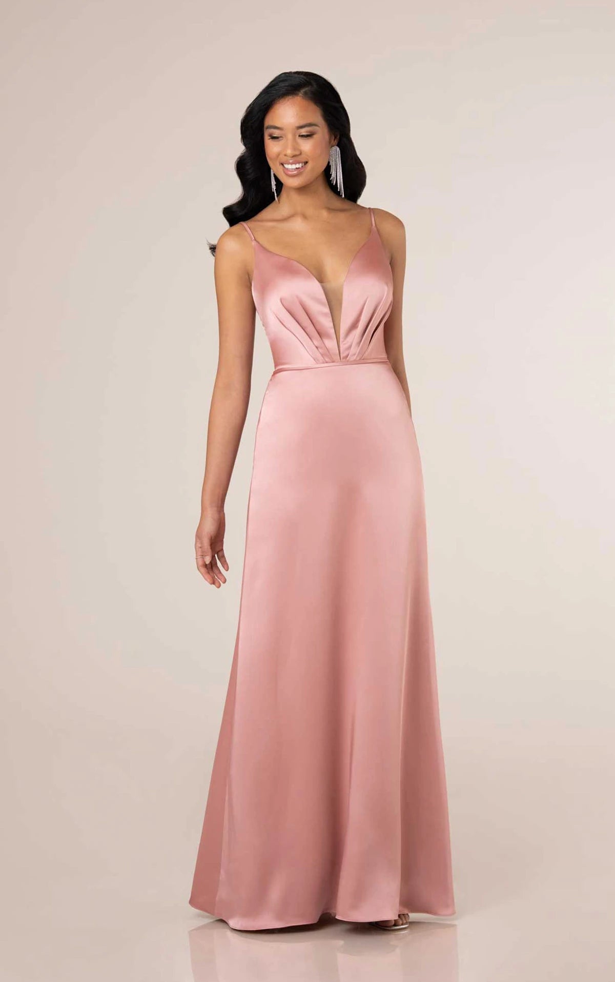 Soft A-line Bridesmaid Gown with Plunging V-Neckline and Spaghetti Straps