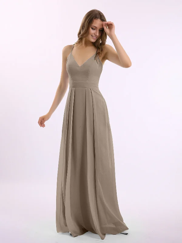 Spaghetti Strap V-neck Chiffon Gowns with Pocket-Taupe Long Bridesmaid Dresses