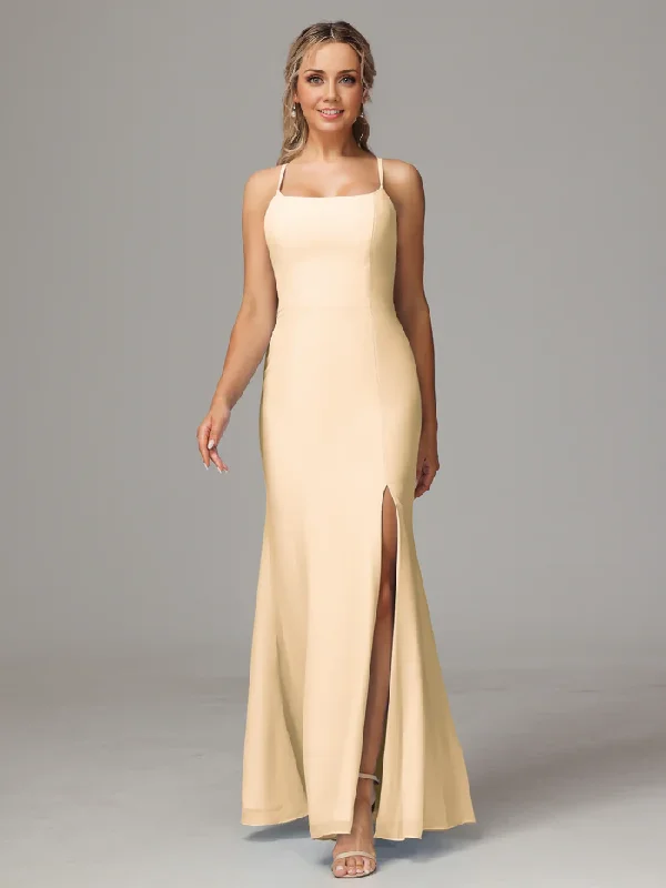 Spaghetti Straps Cross Back Chiffon Long Bridesmaid Dress With Slit