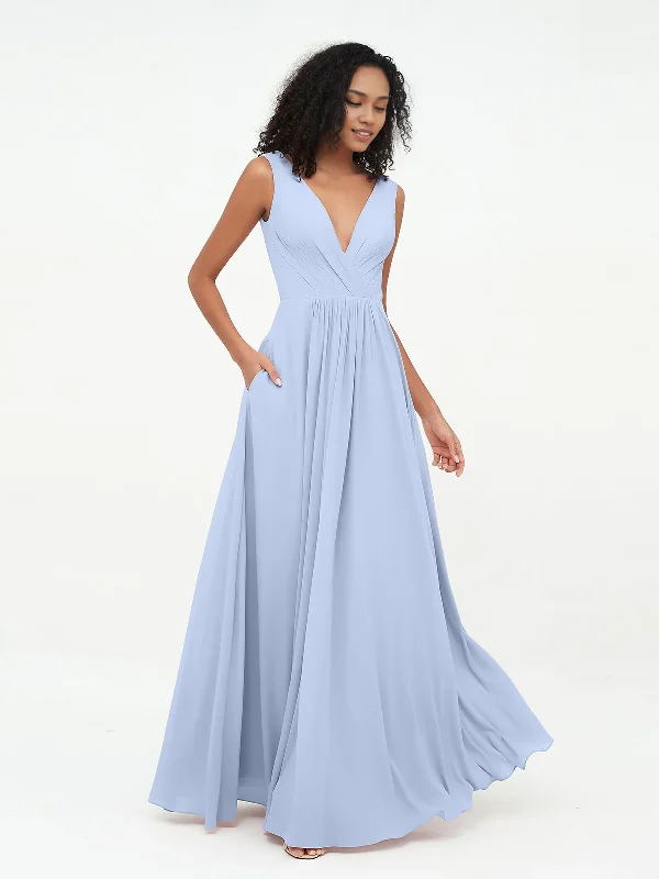 V-neck Chiffon Long Dresses with Pocktes-Sky Blue Bridesmaid Dresses