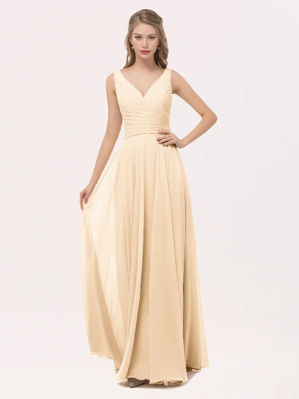 V Neck Long Floor-length Chiffon Dress Bridesmaid Dresses with Bow Peach