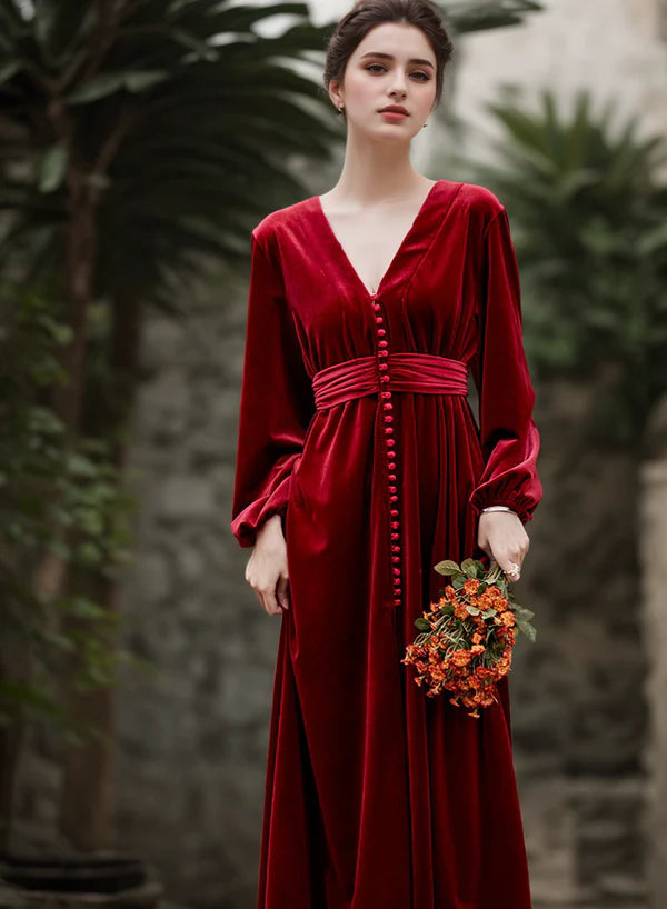 Vintage Long puffed sleeves V-neck Velvet Dress