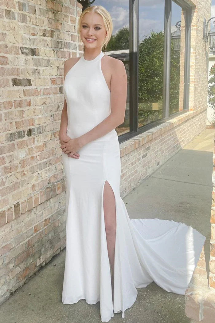 White Halter Mermaid Long Backless Wedding Dress with Slit