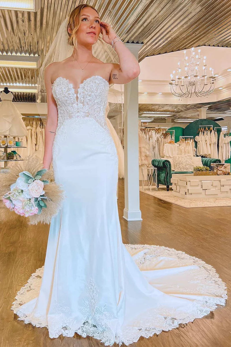 White Lace Strapless Mermaid Long Chapel Train Wedding Dress