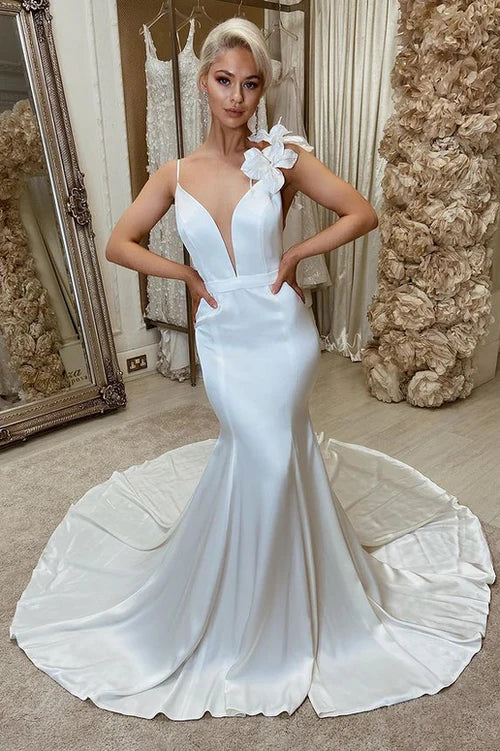 White Satin Backless Mermaid Chapel Train Wedding Dress with Flowers