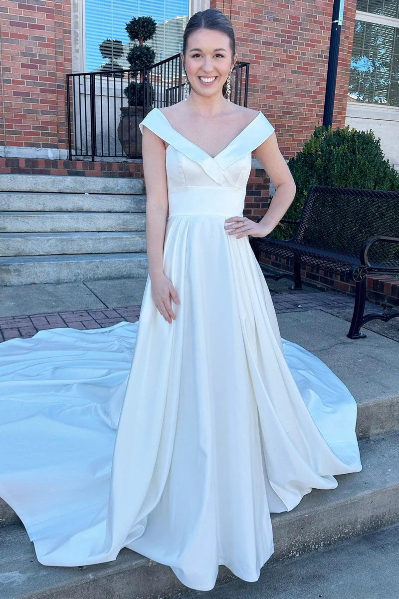 White V-Neck High-Waist A-Line Long Chapel Train Wedding Dress