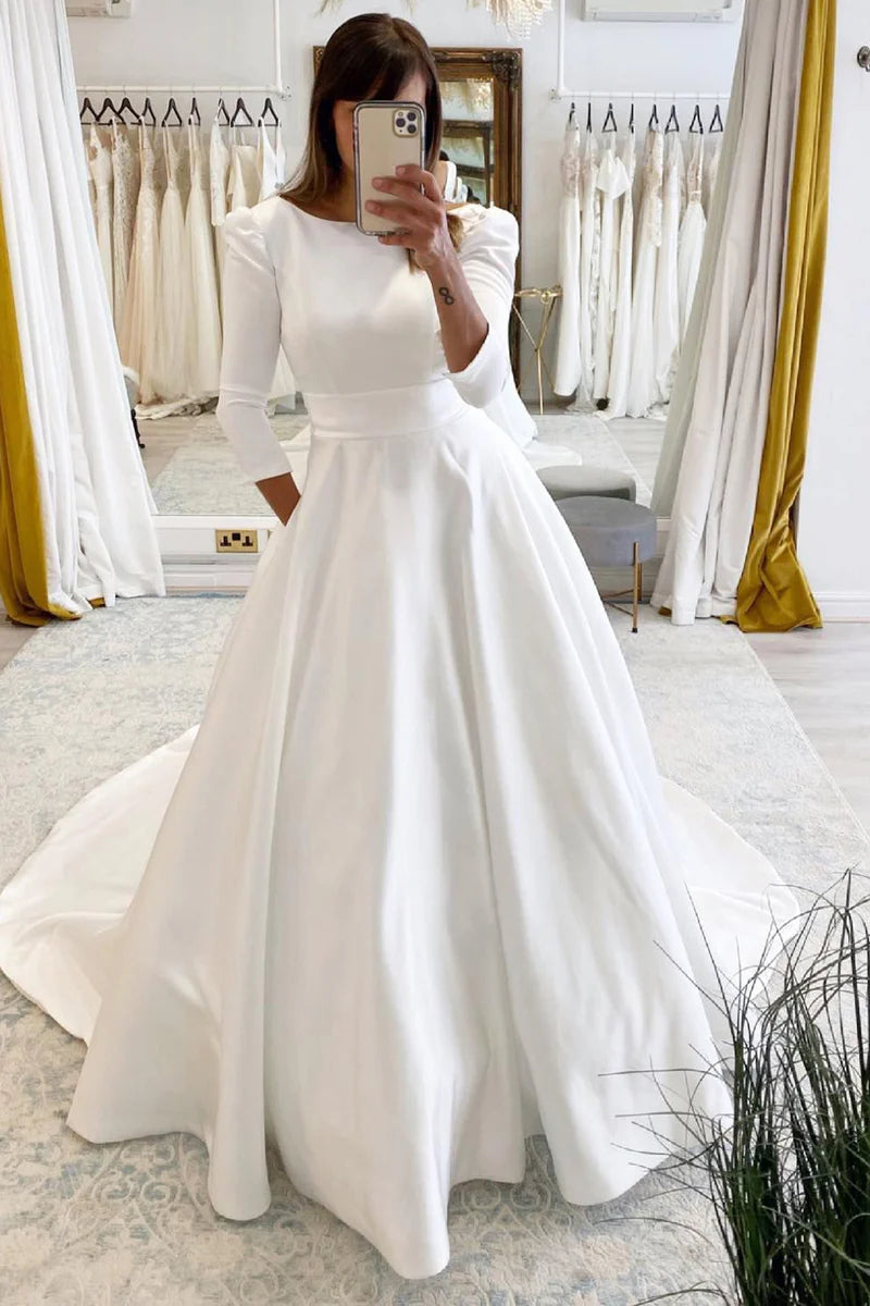 White Vintage A-Line Long Satin Bateau-Neck Backless Wedding Dress