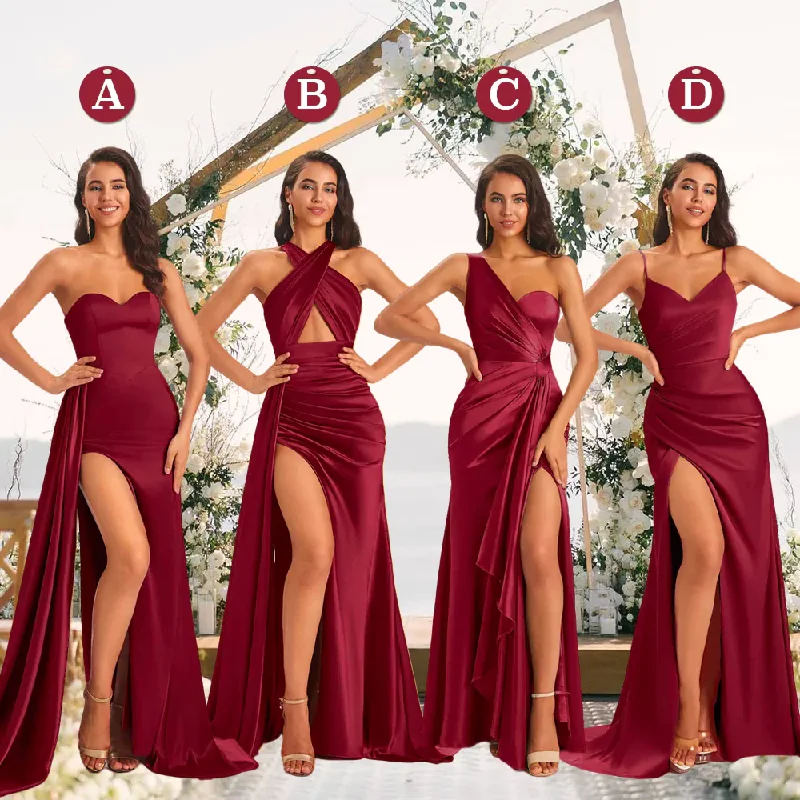 Burgundy Sexy Side Slit Silky Mismatched Soft Satin Mermaid Long Bridesmaid Dresses Online