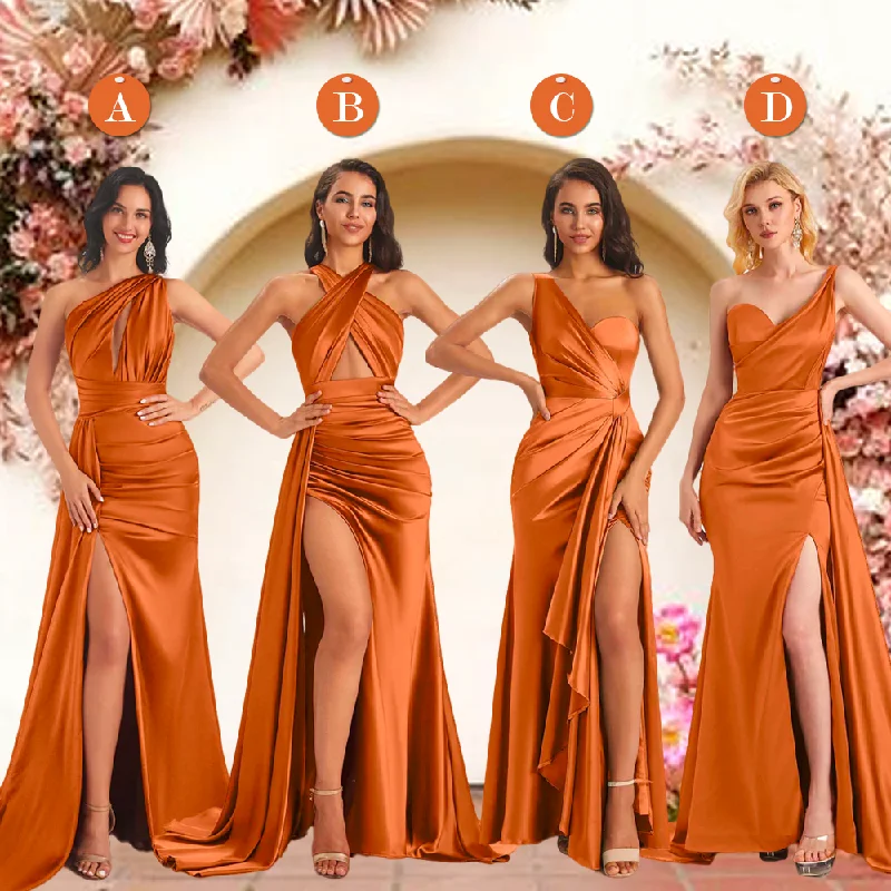 Burnt Orange Sexy Side Slit Mismatched Soft Satin Mermaid Long Bridesmaid Dresses Online