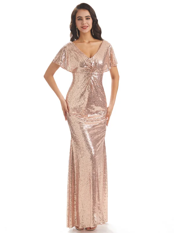 Sparkly V-neck Sequin Bat Sleeves Long Mermaid Bridesmaid Dresses