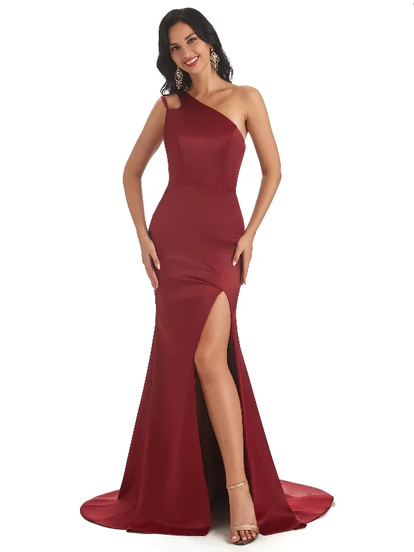 Sexy Soft Satin Side Slit One Shoulder Long Mermaid Bridesmaid Dresses