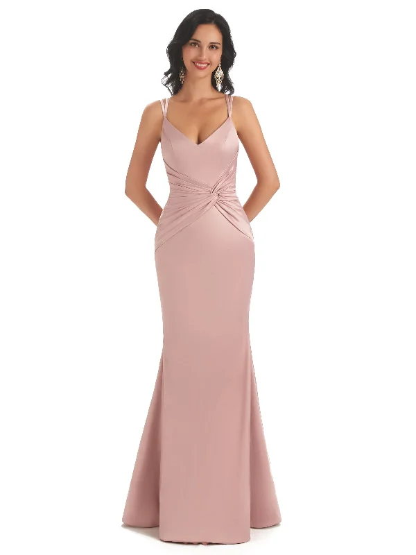 Elegant Spaghetti Straps Soft Satin Mermaid Floor-length Long Bridesmaid Dresses