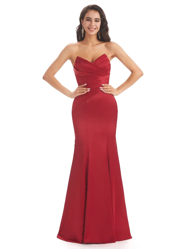 Simple Strapless Sweetheart Soft Satin Mermaid Long Bridesmaid Dresses