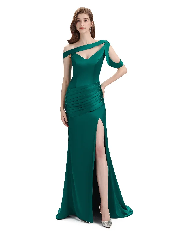 Sexy Soft Satin Unique V-neck Side Slit Floor-Length Mermaid Bridesmaid Dresses