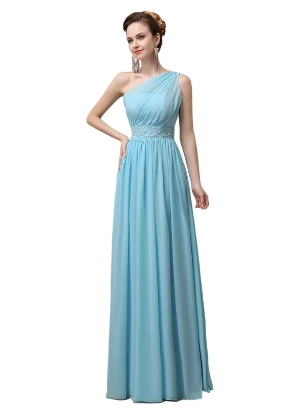 A-line Chiffon One Shoulder Floor-Length Long Bridesmaid Dresses with Beads