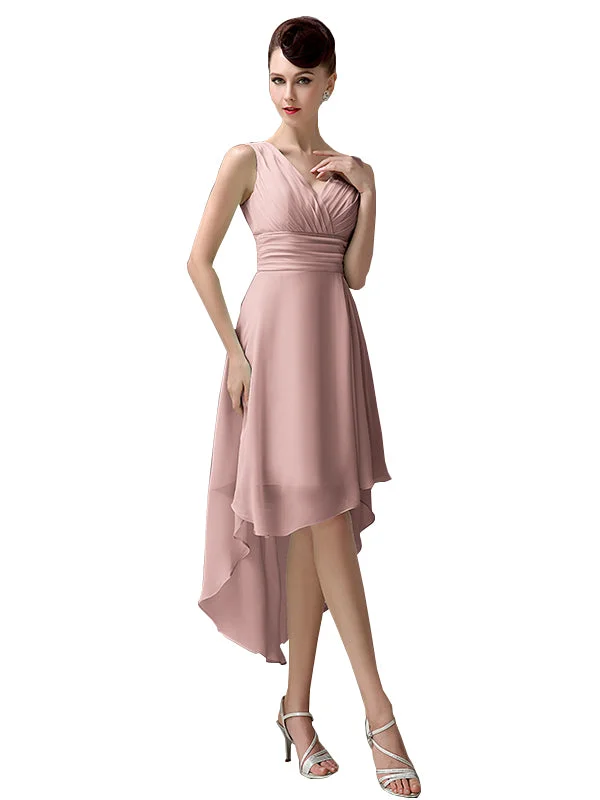 A-line Chiffon V-Neck High-Low Short Beach Bridesmaid Dresses