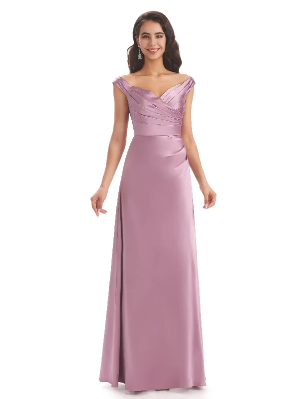 Elegant Soft Satin V-neck Long Unique Wedding Bridesmaid Dresses Online