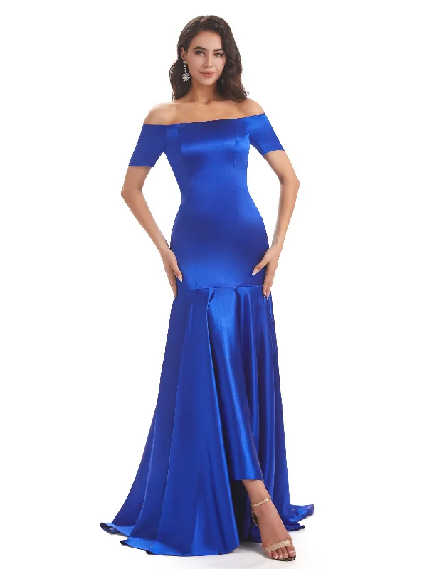 Elegant Soft Satin Mermaid Off The Shoulder High Low Satin Dresses