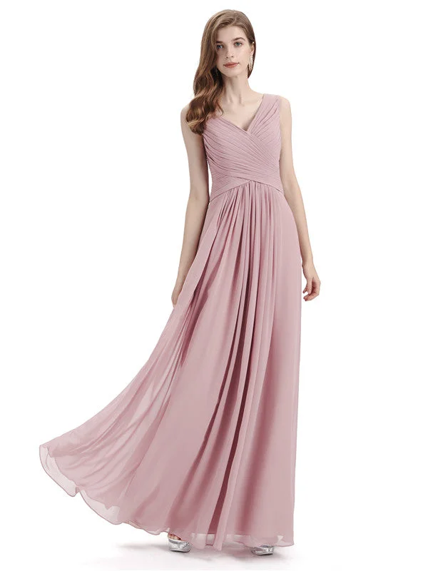 Simple V-neck Chiffon Floor-Length Long Bridesmaid Dresses