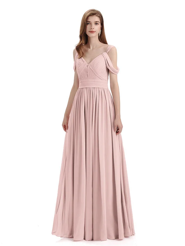 Simple Off-shoulder Chiffon Floor-Length Long Bridesmaid Dresses