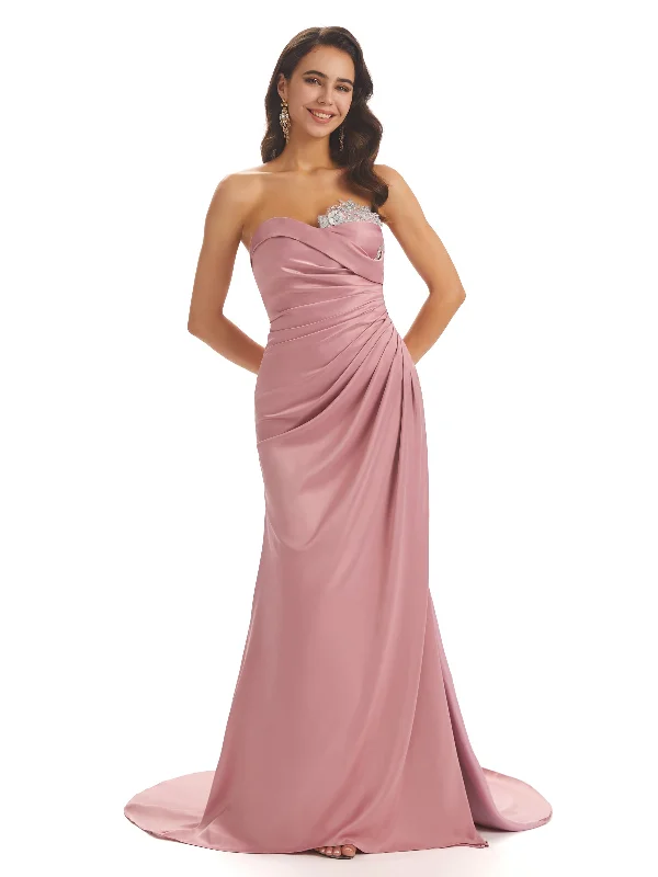 Sexy Soft Satin Side Slit Sweetheart Long Mermaid Bridesmaid Dresses Online