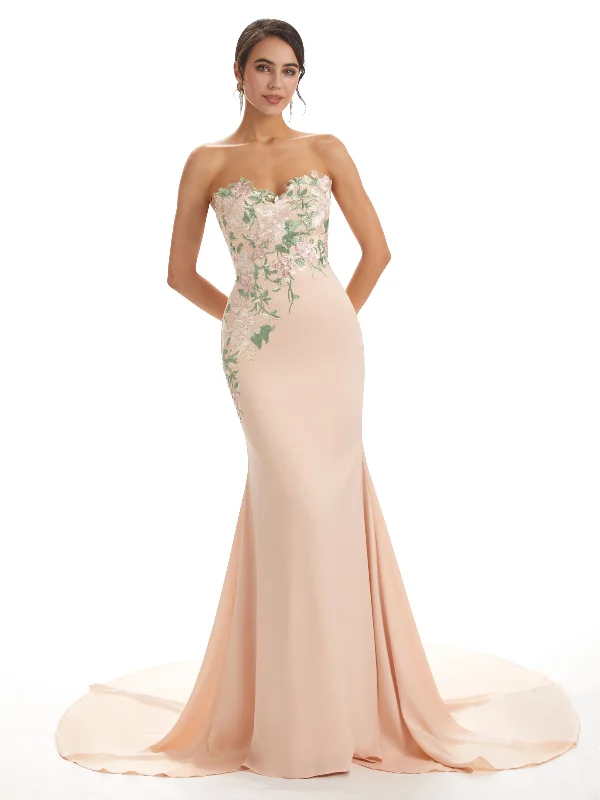 Cute Sweetheart Soft Satin Floral Lace Mermaid Long Bridesmaid Dresses