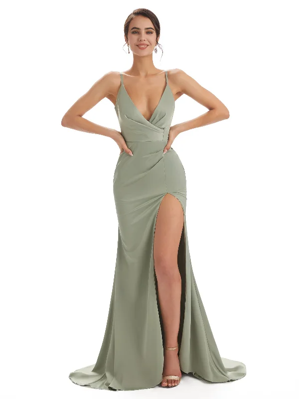 Sexy Soft Satin Side Slit Spaghetti Straps V-neck Long Mermaid Bridesmaid Dresses