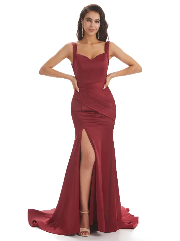 Sexy Soft Satin Side Slit Straps Square Floor-Length Mermaid Bridesmaid Dresses Online