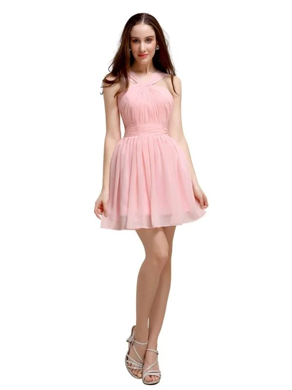 Chiffon A-line Halter Knee-Length Bridesmaid Dresses