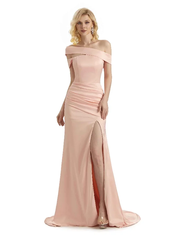 Elegant Asymmetrical Unique Soft Satin Side Slit Long Mermaid Bridesmaid Dresses