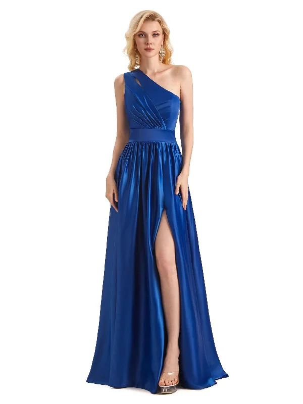 Elegant One Shoulder Side Slit Soft Satin Long Wedding Guest Dresses