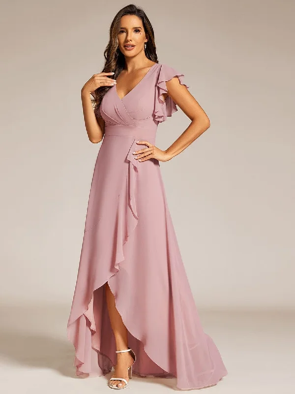 Celia | Elegant Ruffled Chiffon High-Low Bridesmaid Dress with Backless Design