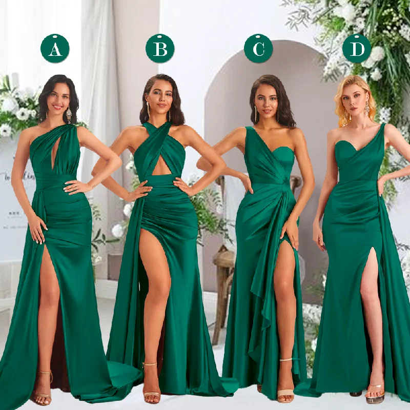 Emerald Sexy Side Slit Floor-Length Mismatched Soft Satin Mermaid Long Bridesmaid Dresses Online