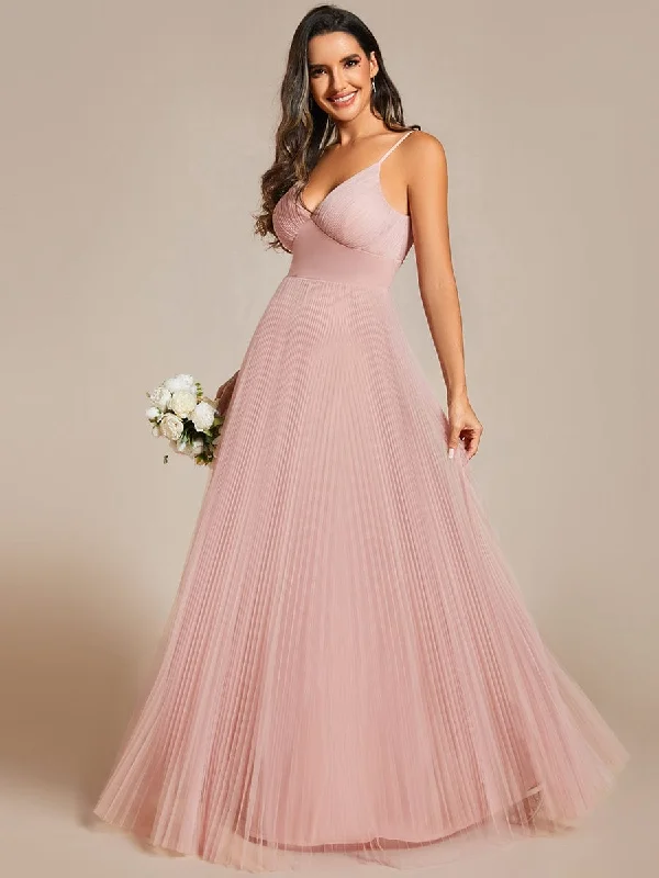 Empire Waist Spaghetti Sratp V-Neck Backless Tulle Bridesmaid Dress