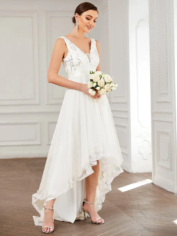 Fashion Sequin Appliques High-Low Tulle Elopement Dress for Wedding