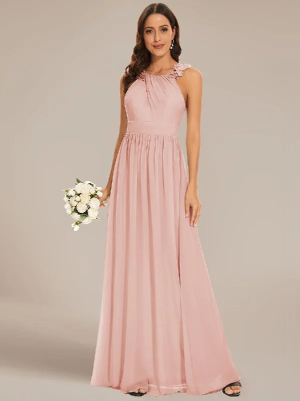 Floral Applique Sleeveless Pleated Chiffon Bridesmaid Dress