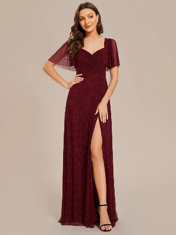 Glittery A-Line High Slit Elastic Waist Short Sleeves Back Lace-Up Bridesmaid Dress