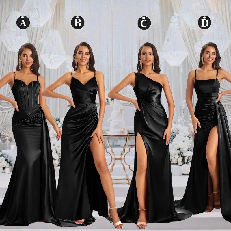 Mismatched Black Sexy Side Slit Mermaid Soft Satin Long Bridesmaid Dresses Online