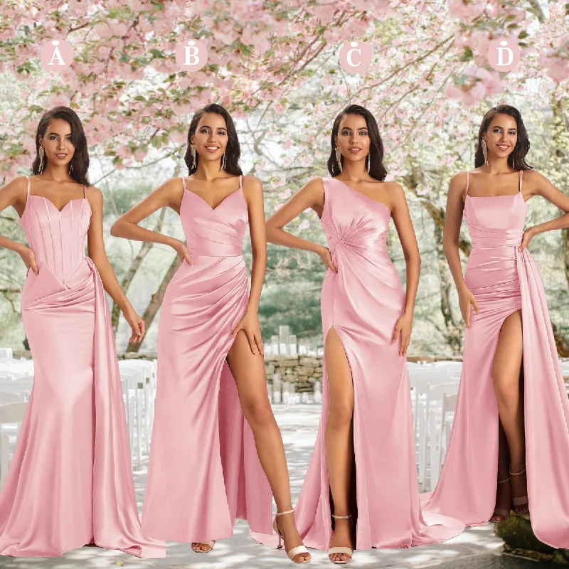 Mismatched Blush Sexy Side Slit Mermaid Soft Satin Long Bridesmaid Dresses Online