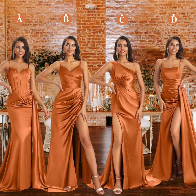 Mismatched Burnt-Orange Sexy Side Slit Mermaid Satin Long Bridesmaid Dresses Online