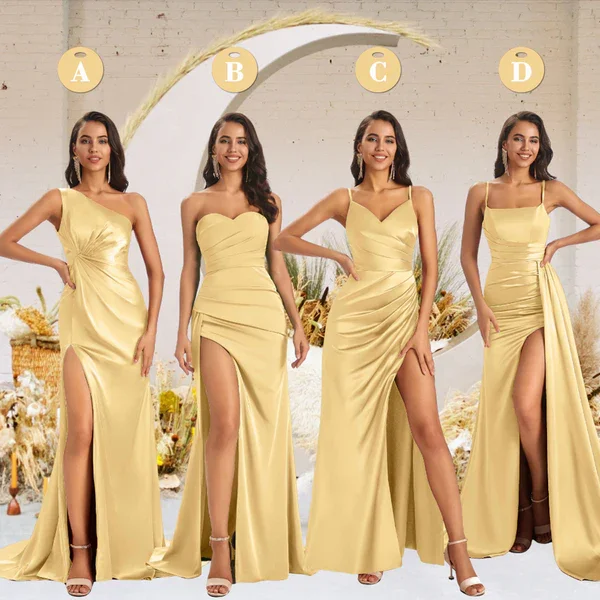 Mismatched Gold Sexy Mermaid Side Slit Soft Satin Long Bridesmaid Dresses Online