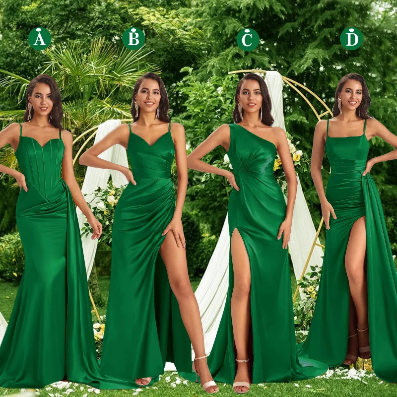 Mismatched Green Sexy Side Slit Mermaid Soft Satin Long Bridesmaid Dresses Online