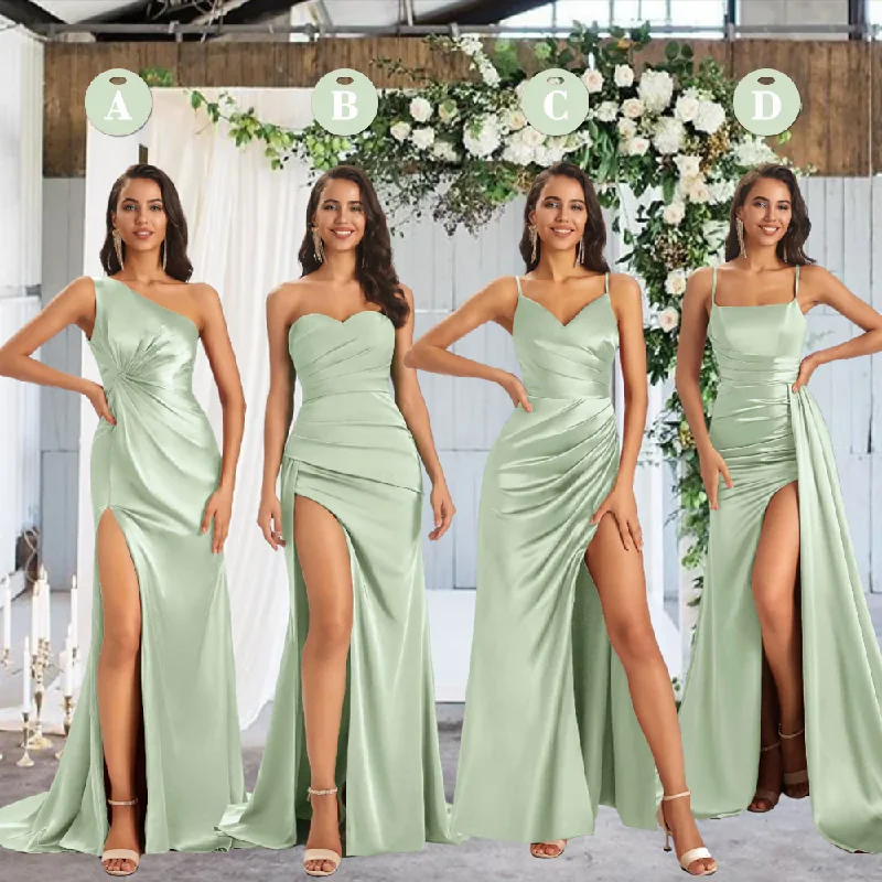 Mismatched Sage Sexy Side Slit Mermaid Soft Satin Long Bridesmaid Dresses Online