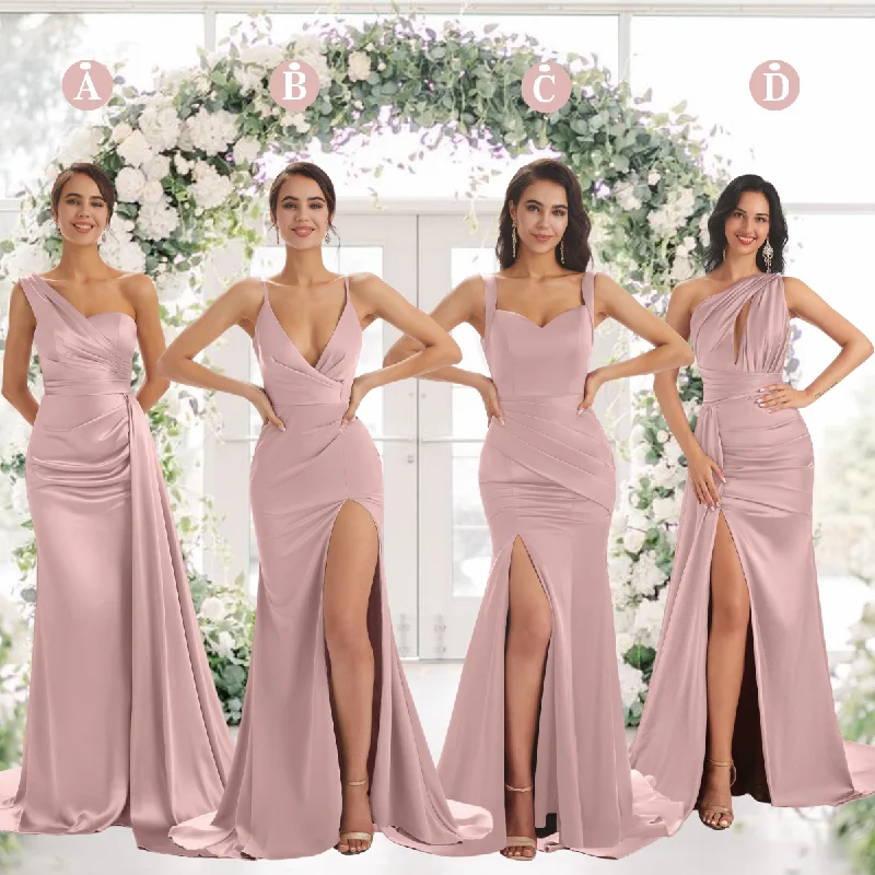 Mismatched Vintage-Mauve Sexy Side Slit Mermaid Soft Satin Long Bridesmaid Dresses Online