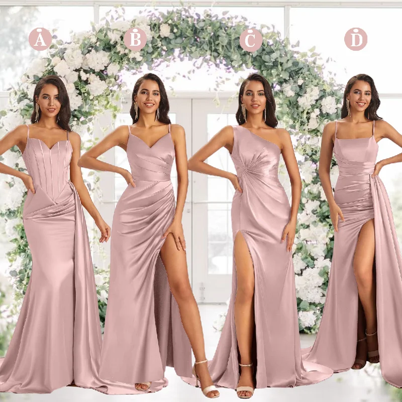 Mismatched Vintage Mauve Sexy Side Slit Mermaid Soft Satin Long Bridesmaid Dresses Online