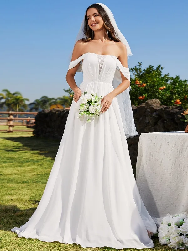 Off Shoulder Lace-Up Back Chiffon A-Line Wedding Dress