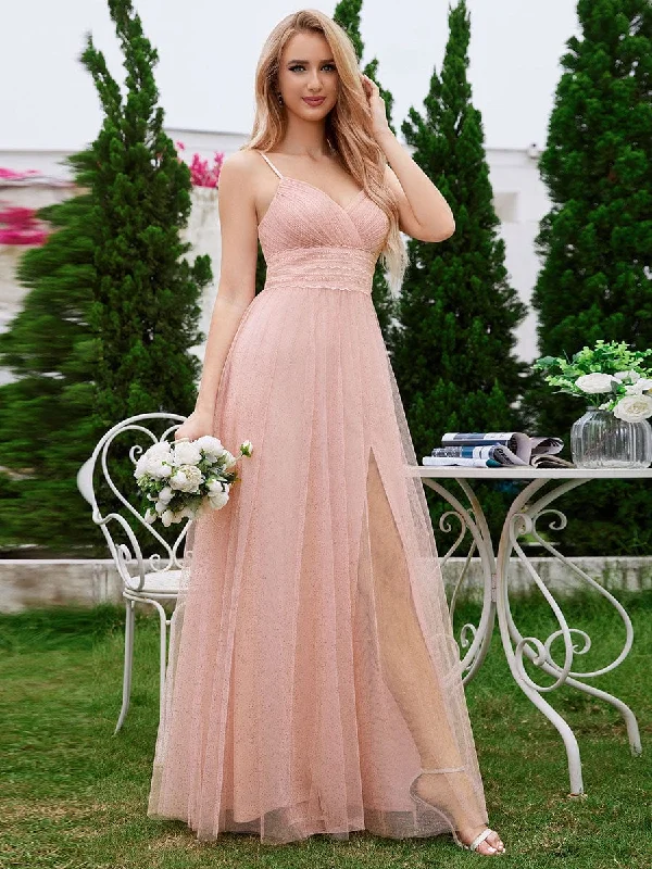 Pleated Lace Pearl Waist High Slit Bridesmaid Dress with V-Neck