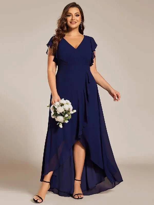 Celia | Plus Size A-Line Chiffon High-Low Bridesmaid Dress with Ruffled Sleeve