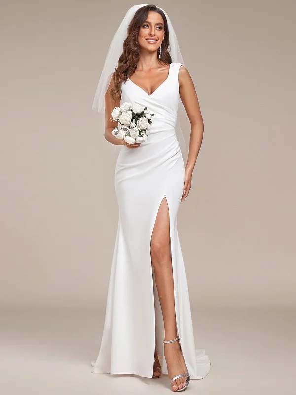 Ruched Bodycon Deep V-Neck Sleeveless Simple Wedding Dress