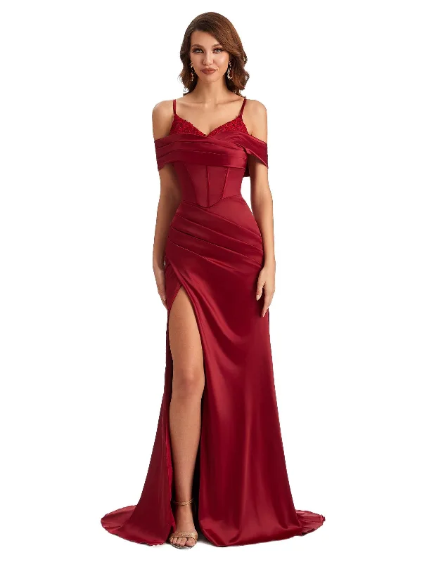 Sexy Side Slit Mermaid Silky Satin V-neck Cold Shoulder Unique Nice Wedding Guest Dresses